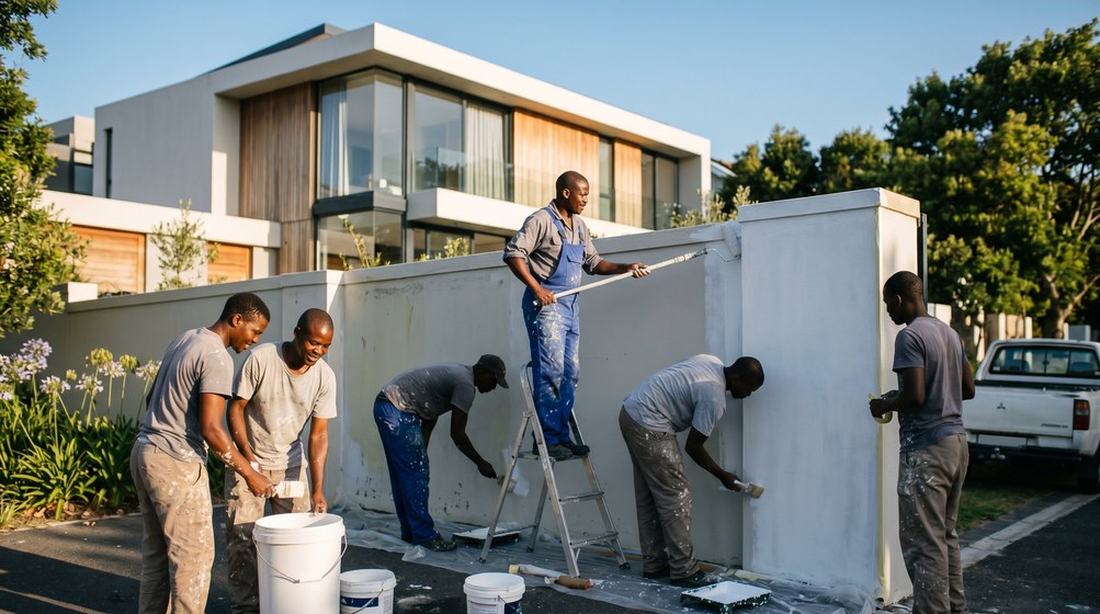 Professional team painting a boundary wall at a modern home in Newlands