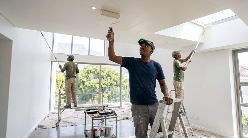 Professional ceiling painters rolling white paint onto a high ceiling in Newlands
