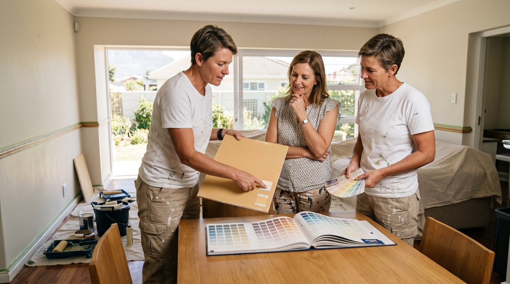 Professional colour consultant showing paint swatches to a homeowner in Newlands