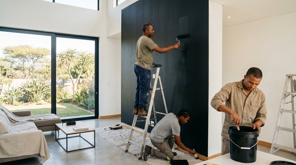 Professional painters creating a bold black feature wall in a modern Newlands home