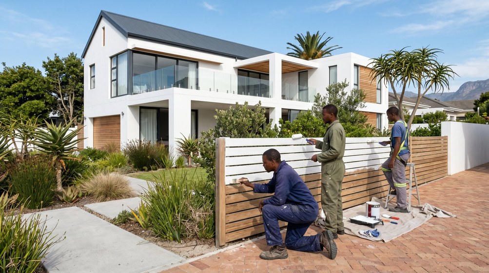 Professional fence painters painting a wooden fence at a coastal home in Newlands