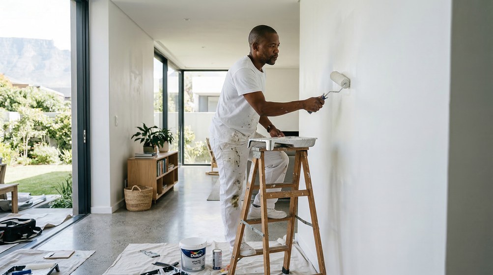 Professional interior painter in Newlands painting walls with a roller