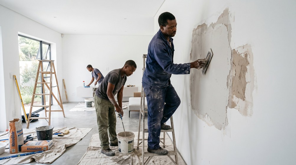 Professional plaster repair team skim coating damaged walls in Newlands