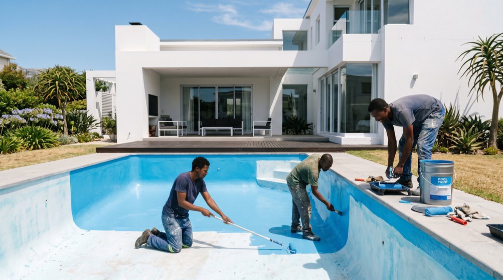Professional pool painters applying blue pool paint to a swimming pool in Newlands