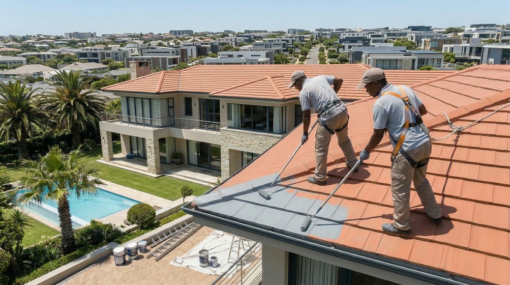 Professional roof painters applying waterproof coating to tiled roof in Newlands