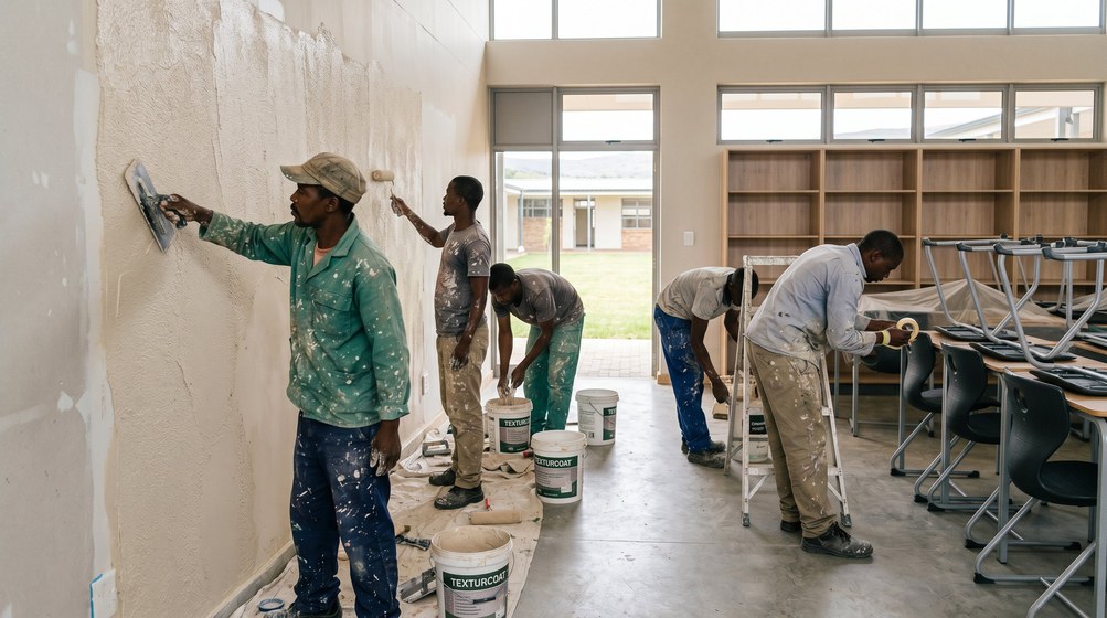 Professional texture coating team applying Texturcoat to interior walls in Newlands
