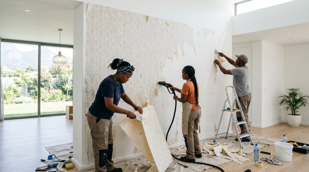 Professional wallpaper removal team stripping old wallpaper in a Newlands home
