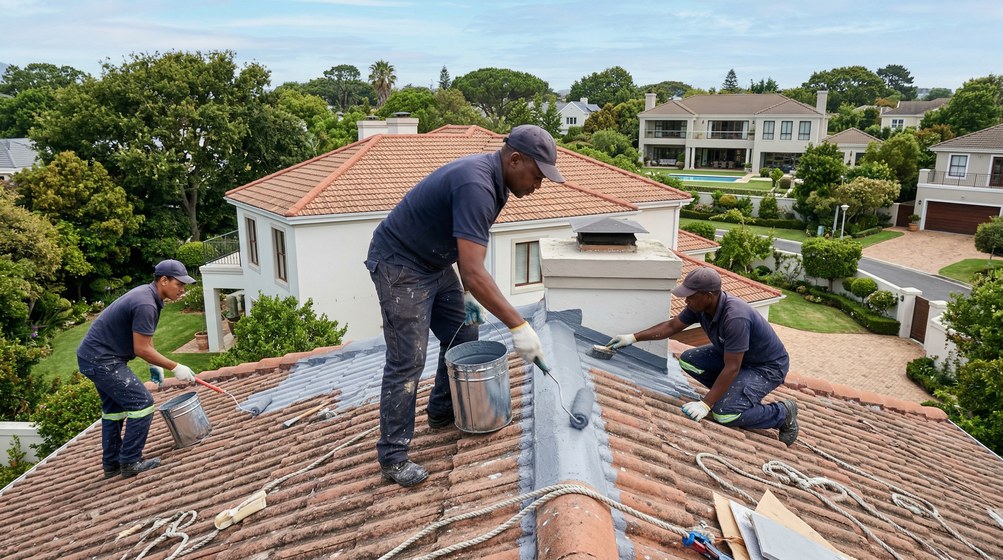 Professional waterproofing team applying membrane to roof in Newlands
