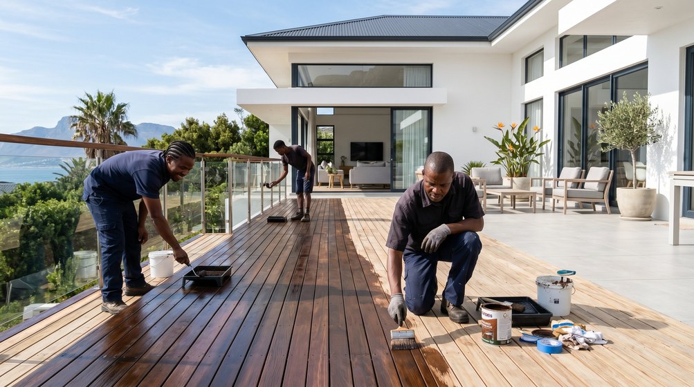 Professional wood staining team applying deck stain overlooking the ocean in Newlands